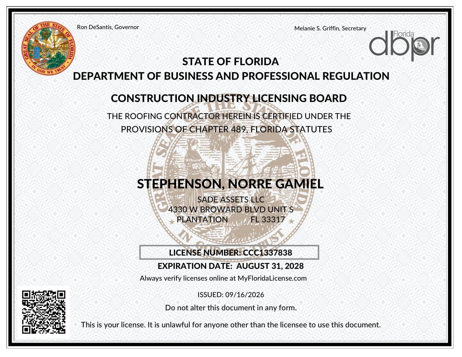 Florida DBPR Certified Roofing Contractor license CCC1337838 issued to Sade Assets LLC