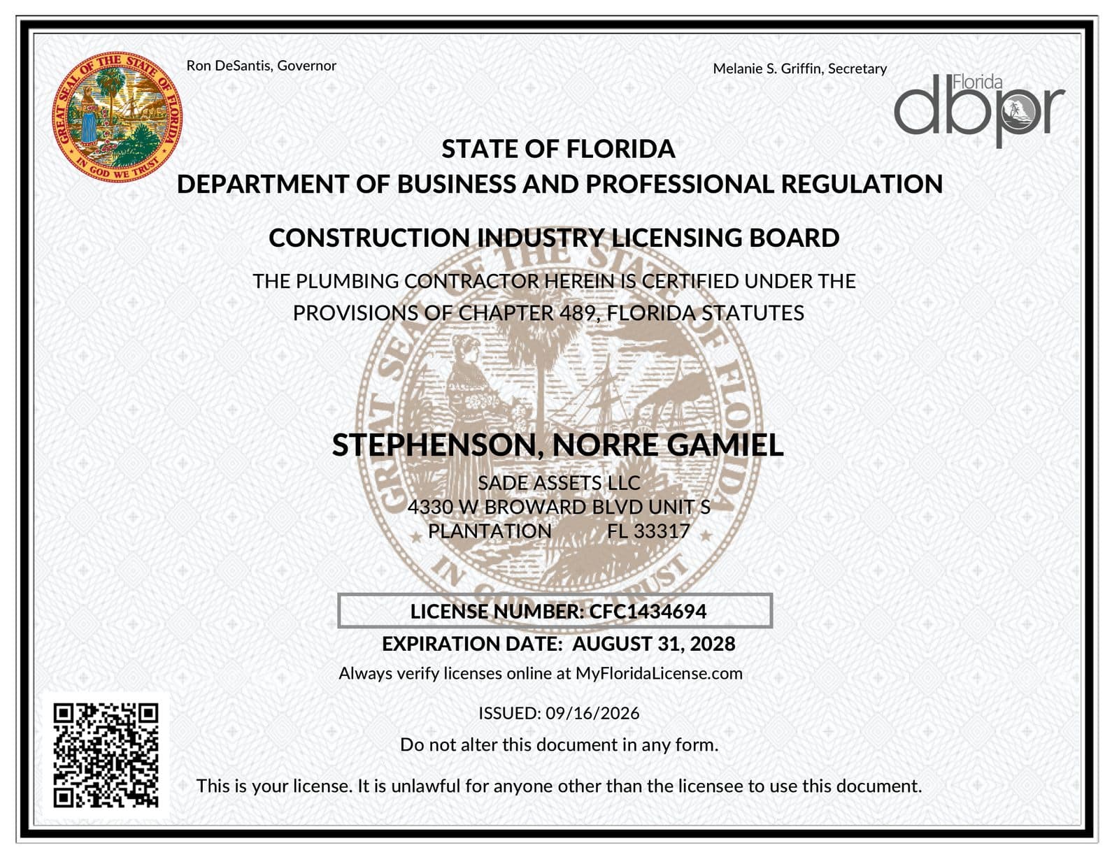 Florida DBPR Certified Plumbing Contractor license CFC1434694 issued to Sade Assets LLC