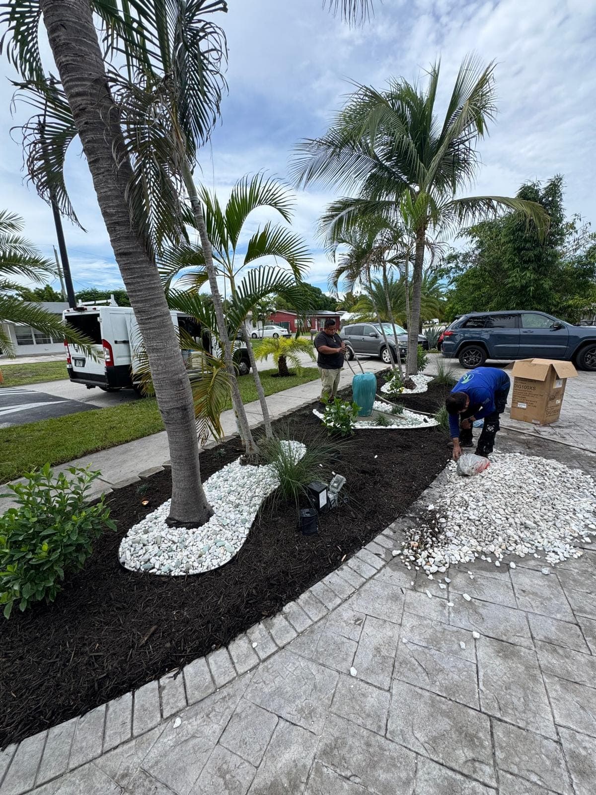 Palm bed edged with river rock beside a walkway