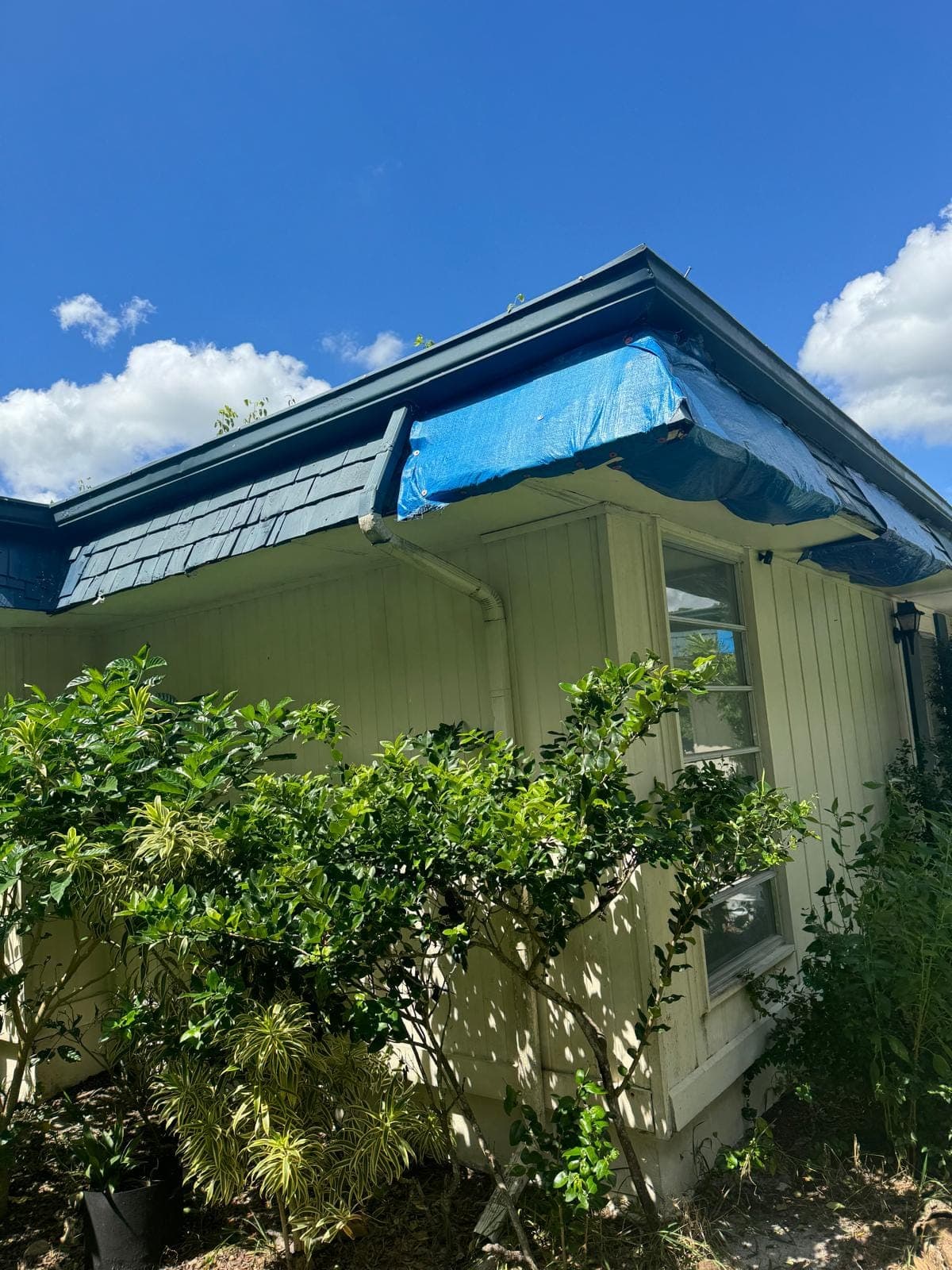Roof corner covered with an emergency tarp