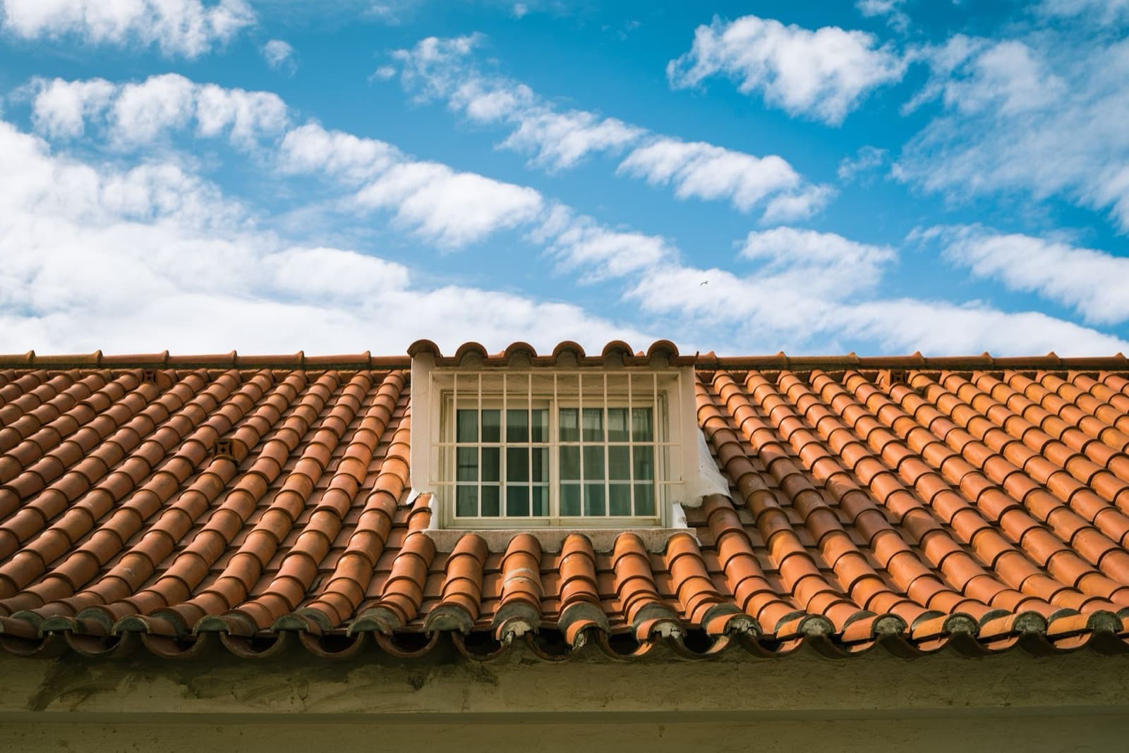 Terracotta tile roof with a skylight in bright sun
